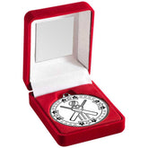 RED VELVET BOX AND 50mm MEDAL CRICKET TROPHY SILVER - 3.5in